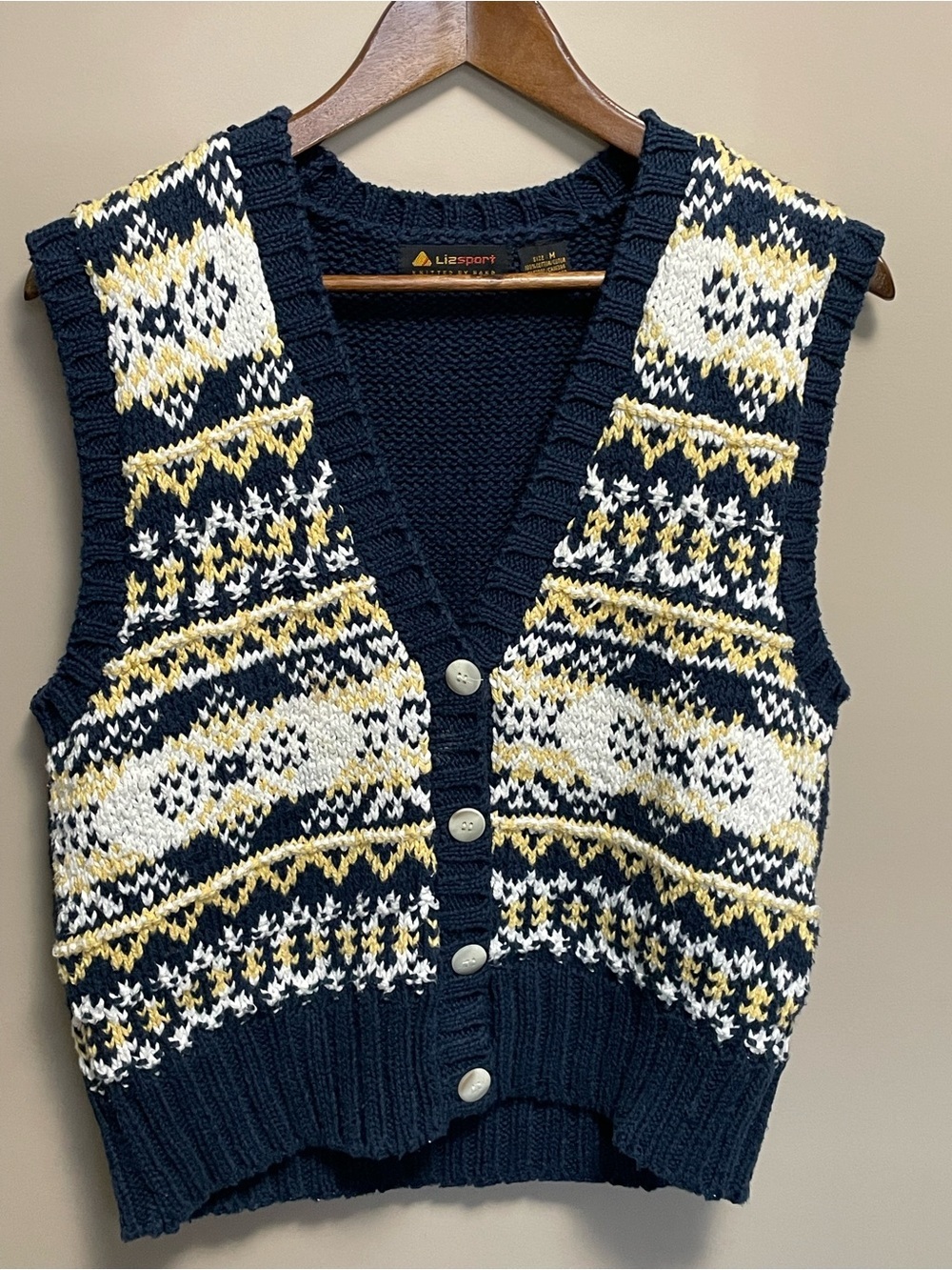 Liz Sport Vintage 90s Cotton Knot Swearer Vest Navy Blue Yellow Women’s Medium